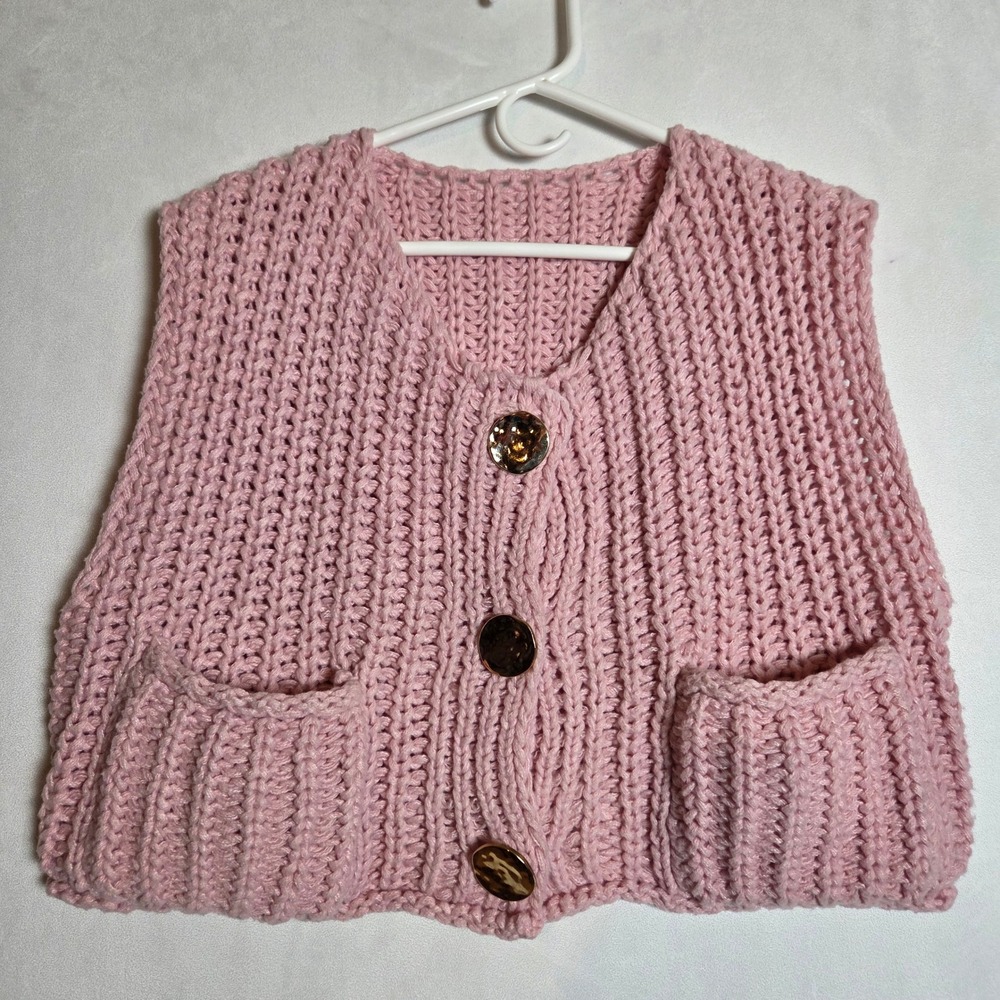Handmade Crochet Sweater Vest Women Small Pink Cottagecore Button Front Pockets